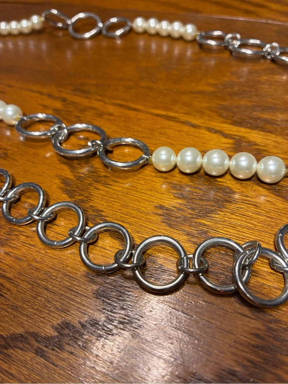 Y2K Vintage Pearl Silver Circle Link Chain Belt Adjustable 44.75”